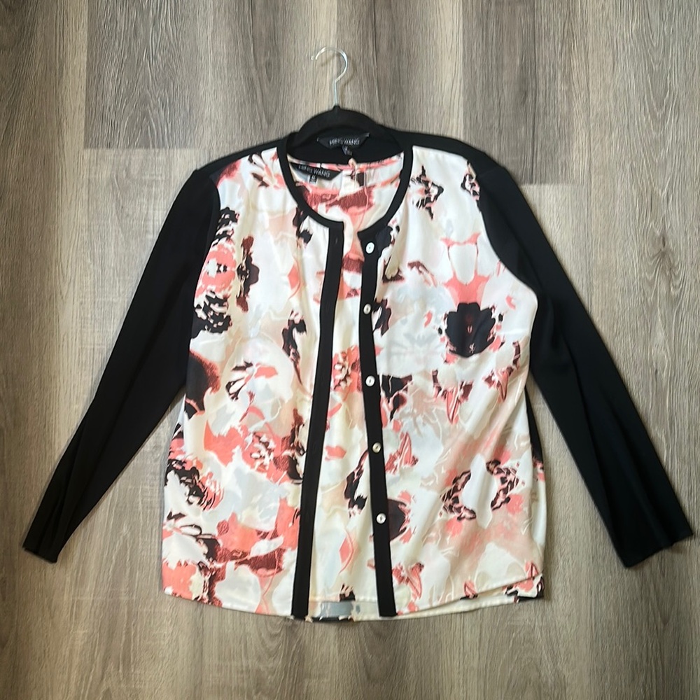 Set Ming Wang Cream and Red Patterned Blouse and cardigan set.
